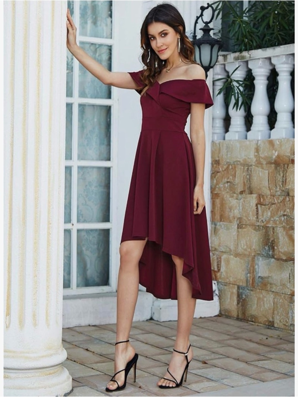Off-Shoulder High-Low Cocktail Dress in Burgundy